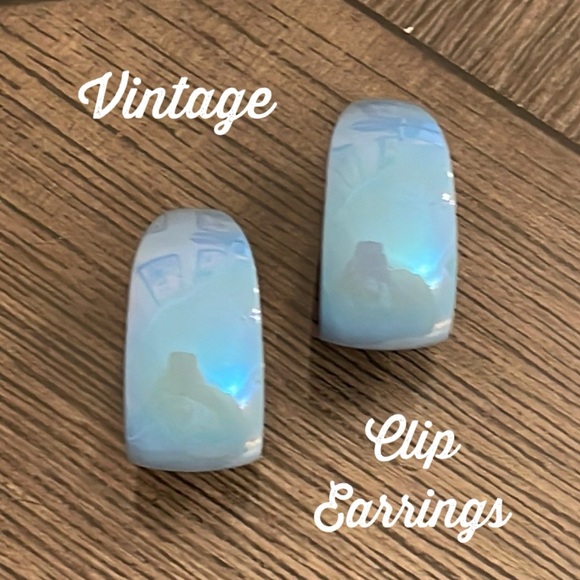 Vintage Pale Blue Iridescent Clip Hoop Earrings - Picture 1 of 14